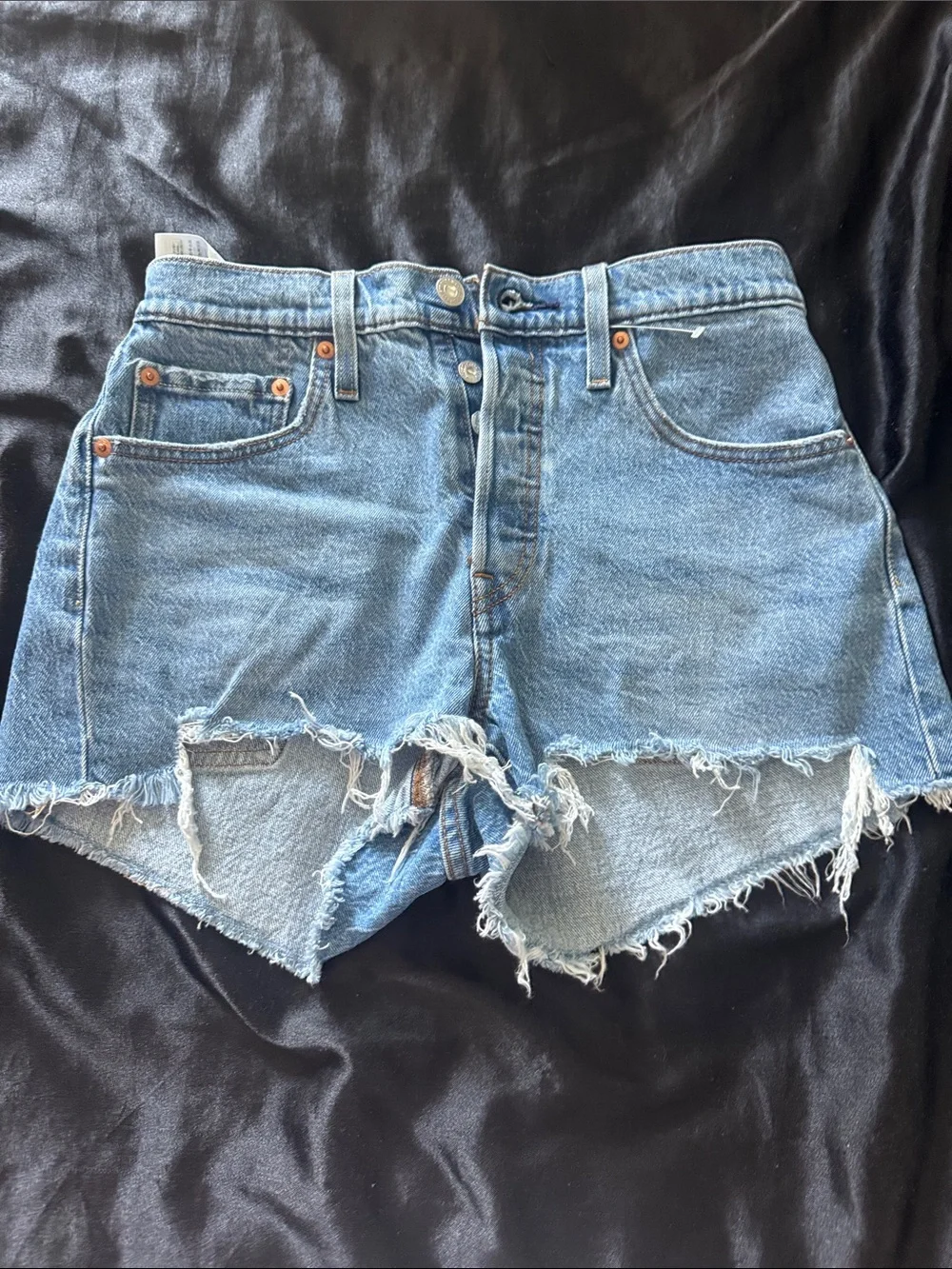 Levi 501 Frayed Hem Light Blue Denim Shorts